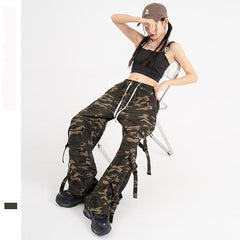 American Retro Elastic Waist Drawstring Camouflage Cargo Pants Couple Street Fashion Ribbon Straight