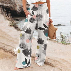 Women's Casual Wide-leg Cotton And Linen Printed Loose Trousers