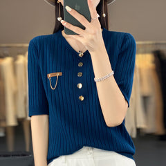 Women's Fashionable V-neck Solid Color Single-breasted Sweater Top