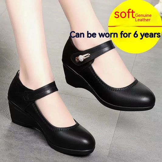 High Quality Soft Bottom Leather Shoes Non-slip Wedge Middle-aged And Elderly Pumps