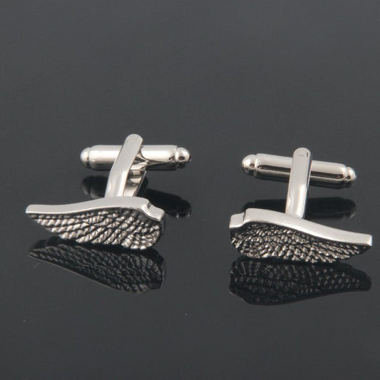 Copper Material Carved Pattern Silver Wings Cufflinks