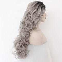 2 Tones synthetic lace wig grey black Ombre wavy wigs long curly hair