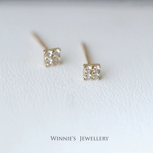 Simple Sterling Silver Plated Gold Inlaid Carbink Mini Square Stud Earrings All-matching Twin