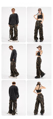 American Retro Elastic Waist Drawstring Camouflage Cargo Pants Couple Street Fashion Ribbon Straight