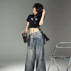 High Street Special-interest Design Wide Leg Washed Jeans