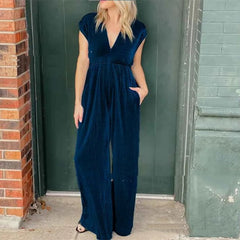 V-neck Short-sleeved High Waist Long Jumpsuit