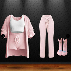 Autumn And Winter New Knitted Plush Long Sleeve Coat Vest Shorts Four-piece Set