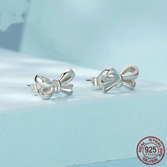 Simple Silver Girl Heart Bow Stud Earrings Women's S925 Sterling Silver