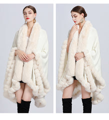 Rex Rabbit Fur Collar Shawl Irregular Oversized Knitted Cardigan Baggy Coat