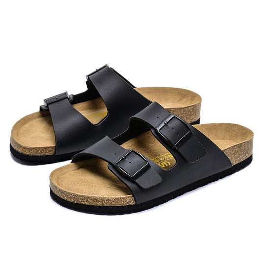 Double-breasted Cork Outer Leather Surface Boken Slippers