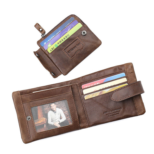 First Layer Cowhide Men's Wallet Vintage Zipper Buckle Leather Short Wallet