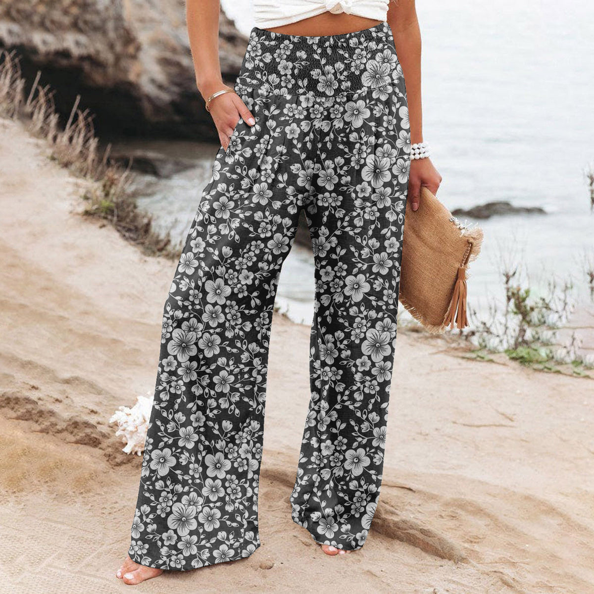 Women's Casual Wide-leg Cotton And Linen Printed Loose Trousers