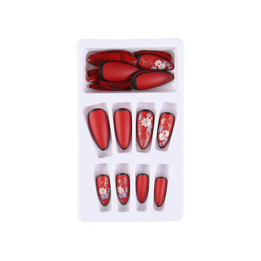 Bright Red Chinese Style Painting Wear Fake Nail Patch Manicure