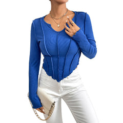 V-neck Irregular Stitching Exposed Knitted Long Sleeve