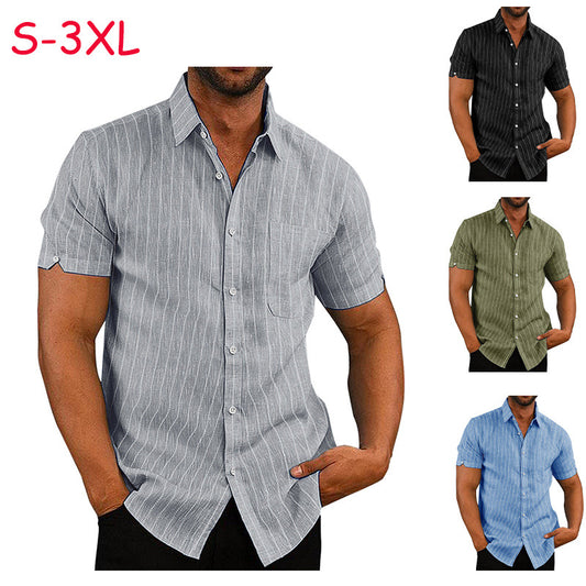 Summer Lapels Short Sleeve Solid Color Buttons Men's Striped Shirt Men's Clothing