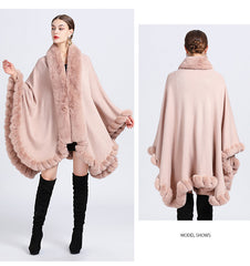 Rex Rabbit Fur Collar Shawl Irregular Oversized Knitted Cardigan Baggy Coat