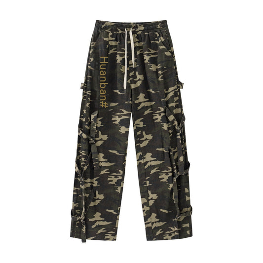 American Retro Elastic Waist Drawstring Camouflage Cargo Pants Couple Street Fashion Ribbon Straight