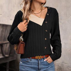 V-neck Patchwork Top Long Sleeve Buckle Women's Clothing