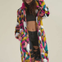 Women's Rainbow Fur Collar Imitation Fur Mid-length Coat