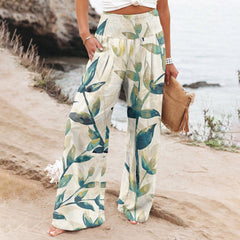 Women's Casual Wide-leg Cotton And Linen Printed Loose Trousers