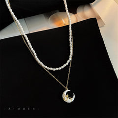 Double Layered White Moon Pearl Necklace