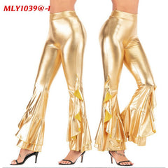 Women's Bright Slim-fit Imitation Leather Irregular Bell-bottom Pants