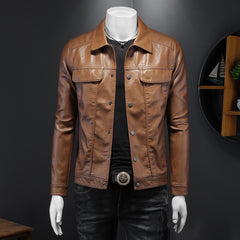 Men's Long-sleeved Lapel Motorcycle Pu Handsome Leather Coat