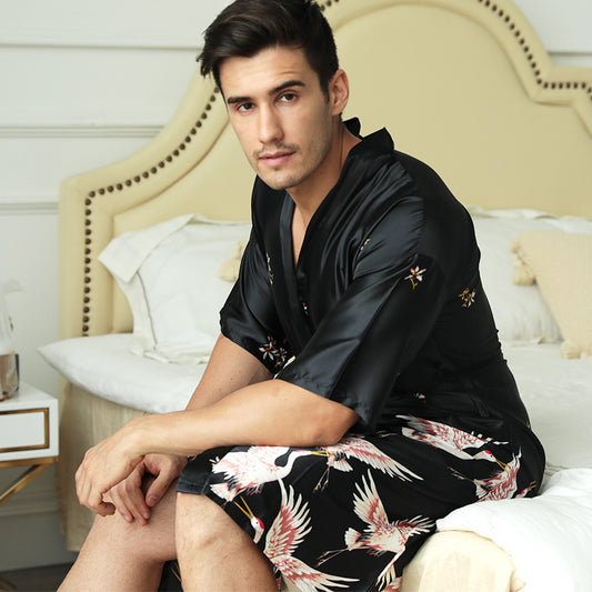 Mid-length Printed Artificial Silk Nightgown Men's Groom Best Man Morning Gowns Sexy Pajamas