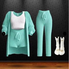 Autumn And Winter New Knitted Plush Long Sleeve Coat Vest Shorts Four-piece Set