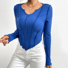 V-neck Irregular Stitching Exposed Knitted Long Sleeve