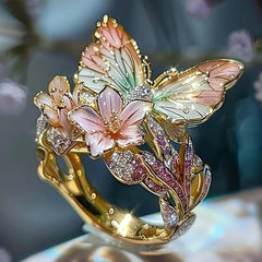 Exquisite Shining Diamond Drop Oil Butterfly Flower Women's Ring