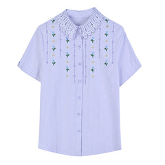 Western Style Cotton Embroidered Short-sleeved Purple Top