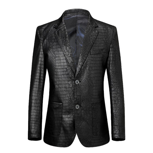 Men's Leather Coat Suit Collar Single-breasted Crocodile Pattern