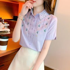 Western Style Cotton Embroidered Short-sleeved Purple Top