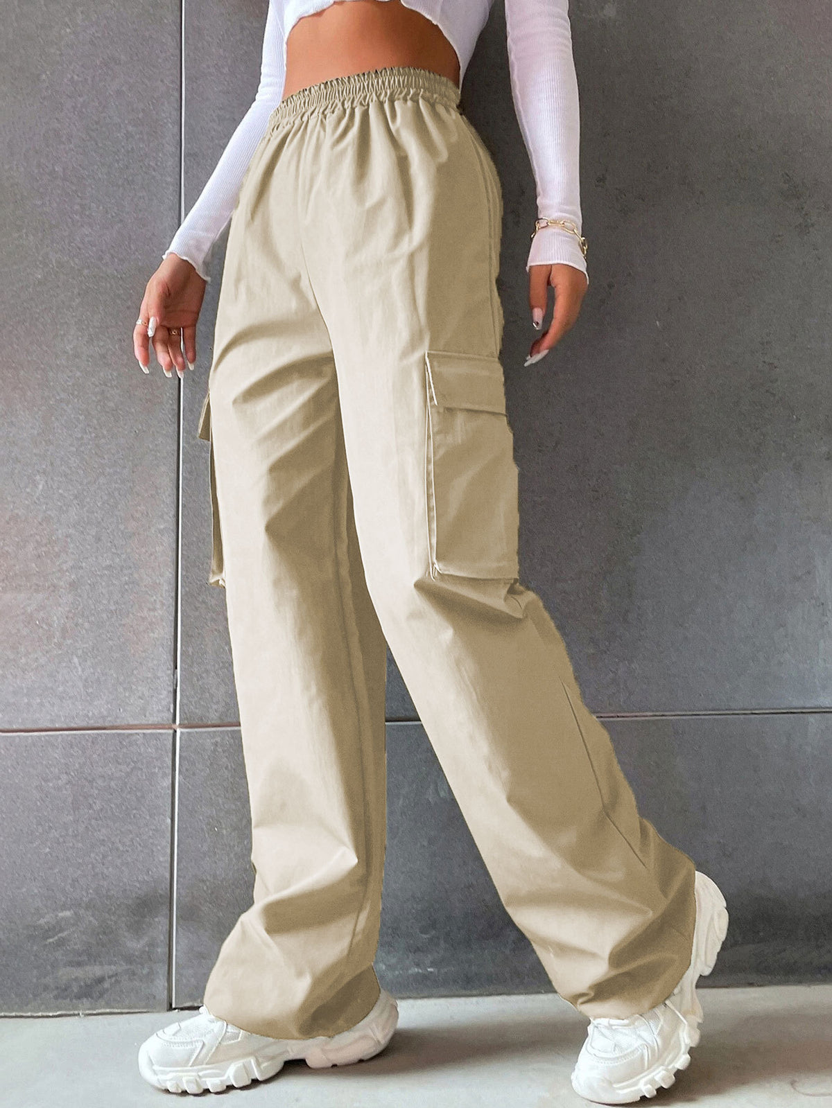 Women's Fashion Solid Color High Waist Flip Workwear With Pocket Pants