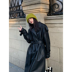 Advanced Sense Black Leather Coat Thick Loose