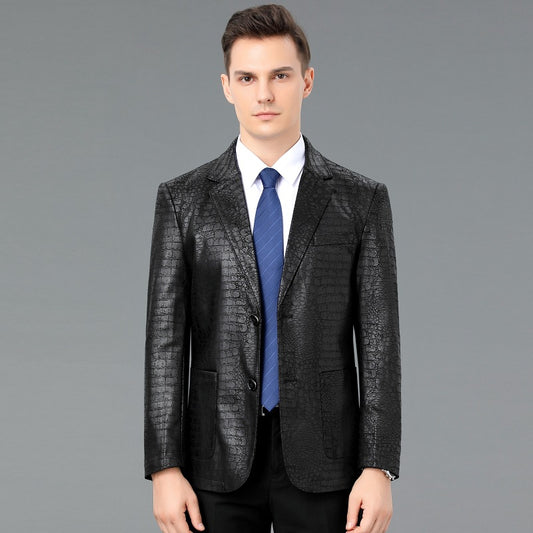 Men's Leather Coat Suit Collar Single-breasted Crocodile Pattern