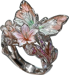 Exquisite Shining Diamond Drop Oil Butterfly Flower Women's Ring