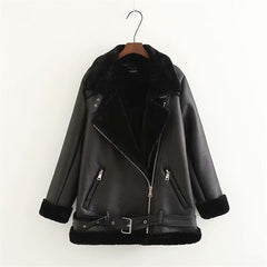 Women's Fashion Elegant Stitching Leather Solid Color Long-sleeve Zipper Top