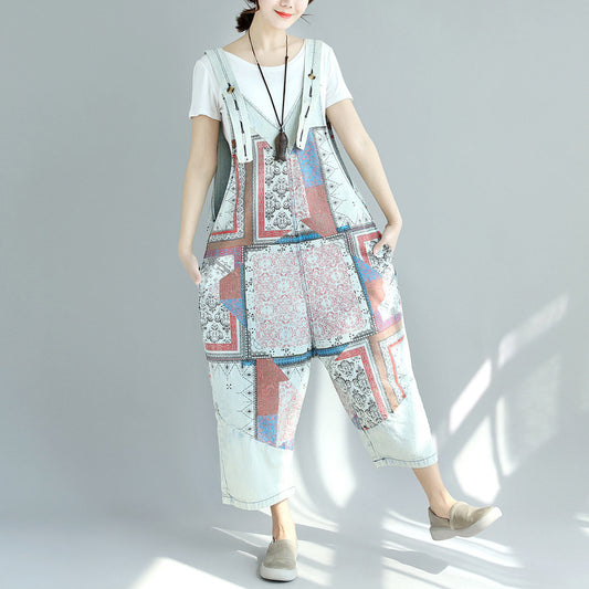 Printed Worn Looking Washed-out Big Crotch Ninth Plus Size Stitching Denim Suspender Pants