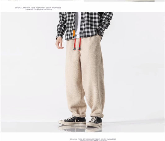 Fall Winter Men Thick Retro Grain Lambswool Thermal Casual Trousers