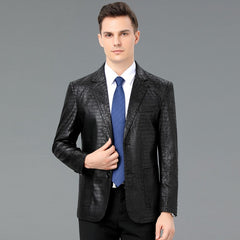 Men's Leather Coat Suit Collar Single-breasted Crocodile Pattern