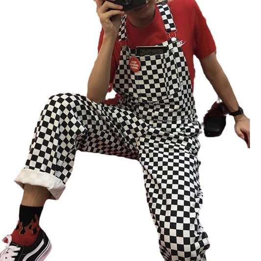 Black-white Checkerboard Plaid Loose Suspender Long Pants