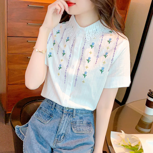 Western Style Cotton Embroidered Short-sleeved Purple Top