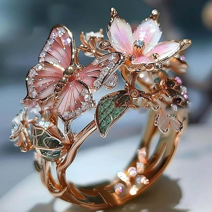 Exquisite Shining Diamond Drop Oil Butterfly Flower Women's Ring