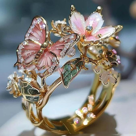 Exquisite Shining Diamond Drop Oil Butterfly Flower Women's Ring