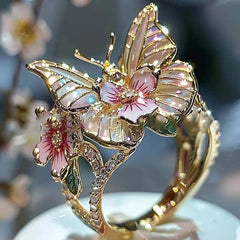 Exquisite Shining Diamond Drop Oil Butterfly Flower Women's Ring