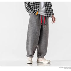 Fall Winter Men Thick Retro Grain Lambswool Thermal Casual Trousers