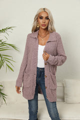 Pocket Button Lapel Knitwear Coat For Women