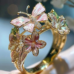 Exquisite Shining Diamond Drop Oil Butterfly Flower Women's Ring